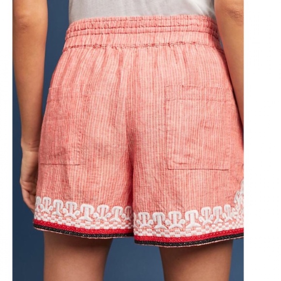 Anthropologie Size Medium Beachcomber Coral Embroidered Linen Pull On Shorts - Picture 2 of 8